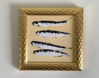Fish Art Seafood Framed Painting Sardine Fish Painting Kitchen Art Textured Original Artwork Food Art For Gift