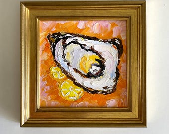Framed Oyster & Lemon Oil Painting: Impasto Kitchen Wall Art