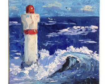 Lighthouse Oil Painting Seascape Original Art Ocean Artwork Nautical Small Painting Coastal Canvas Wall Art Fisherman Gift Wall Decor
