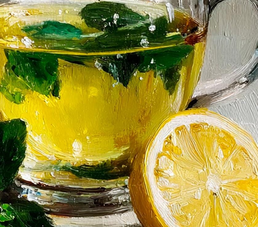 レモンの絵画 ティーカップ 額入りアート 朝食 オリジナルアートワーク