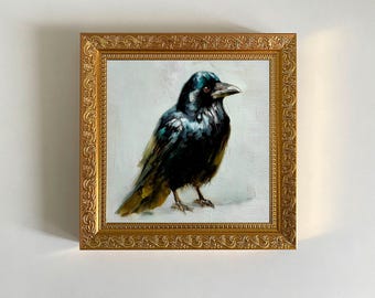 カラスの油絵 ワタリガラスのアートワーク 黒い鳥の壁アート