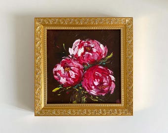 Peonies Flower Gold Frame Original Artwork Peony Original Painting Floral Framed Art by ArtSpaceByAlla