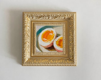 卵の絵、生卵の絵、オリジナルの静物画、キッチンアート、6x6インチの