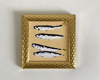 Peinture encadrée de fruits de mer, peinture de sardines, art de la cuisine, oeuvre d'art originale texturée, art culinaire pour cadeau