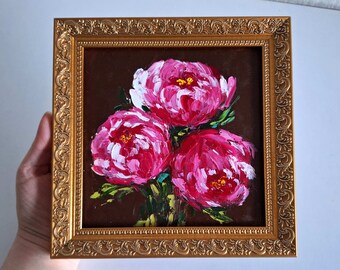 Peonies Flower Gold Frame Original Artwork Peony Original Painting Floral Framed Art by ArtSpaceByAlla