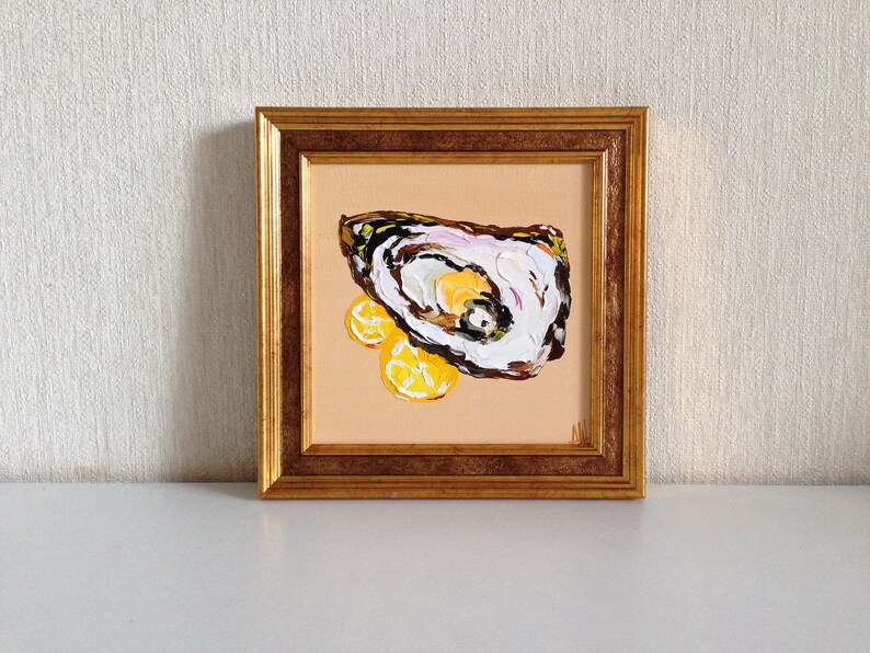 Oyster Painting Lemon Artwork Food Original Art Impasto Small Oil Painting For Gift Kitchen Wall Art image 3