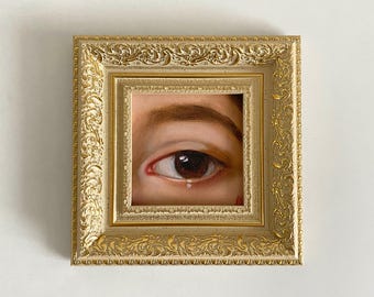 Lover's Eye Oil Painting: Brown Eyes Artwork Dark Academia Gold Frame Small Wall Art by ArtSpaceByAlla