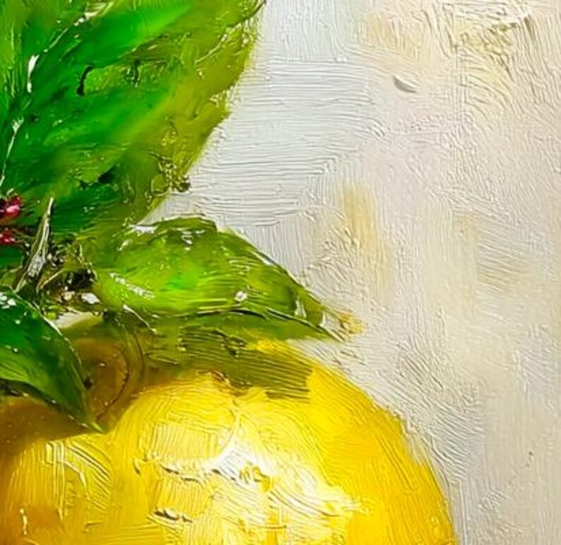 May include: A close-up oil painting of a lemon with green leaves and small red berries. The lemon is a bright yellow color, and the leaves are a vibrant green. The background is a textured white.