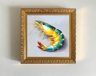油絵　海老ヶ池　『えびがいけ 』昔話P50 油絵 海老ヶ池 『えびがいけ 』昔話P50 エビ2匹の油絵 10x10インチ -