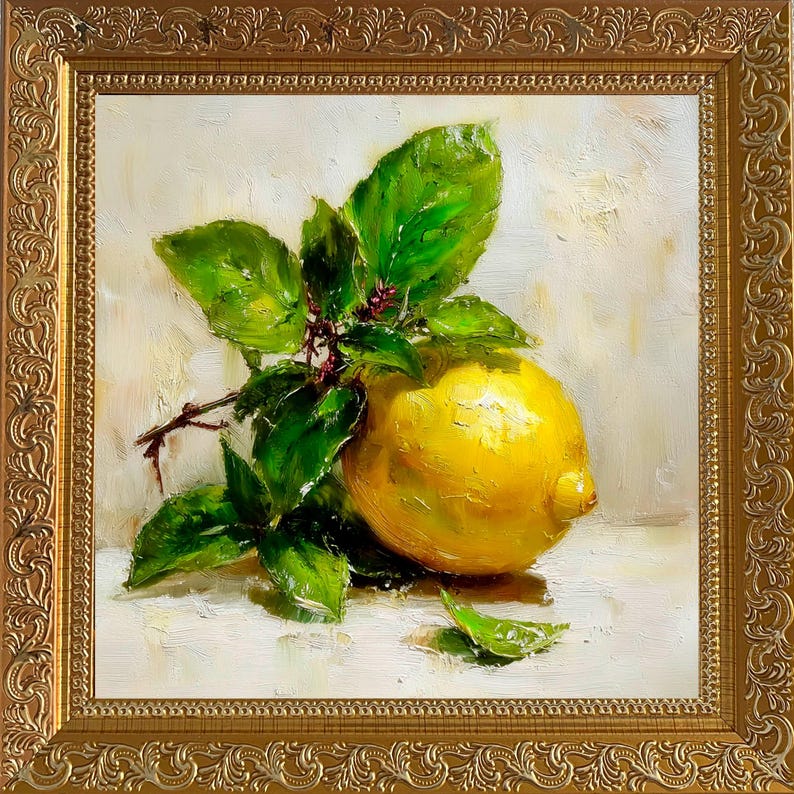 May include: Oil painting of a lemon with green leaves and small red buds. The lemon is yellow and sits on a white surface. The painting is in a gold ornate frame. The artwork is a still life.