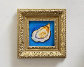 Oyster Painting Gold Frame Original Artwork Food Original Art Oyster Shell Small Wall Decor by ArtSpaceByAlla