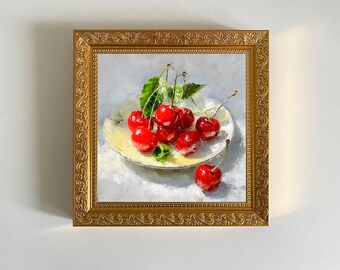 さくらんぼの静物画、5 x 7インチ、下塗りイラストボードに描かれた