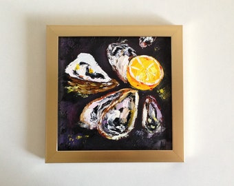 Lemon Painting Oyster Artwork Food Original Art Kitchen Wall Decor Impasto Gold Frame Painting For Gift