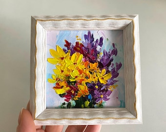 Flower Painting Miniature Floral Wall Art Bluebonnets Original Artwork Wildflower Oil Painting Unique Textured Abstract Framed Wall Decor