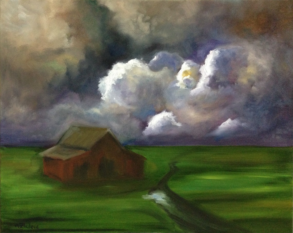 Barn Oil Painting Storm Cloud Original Art Countryside Etsy