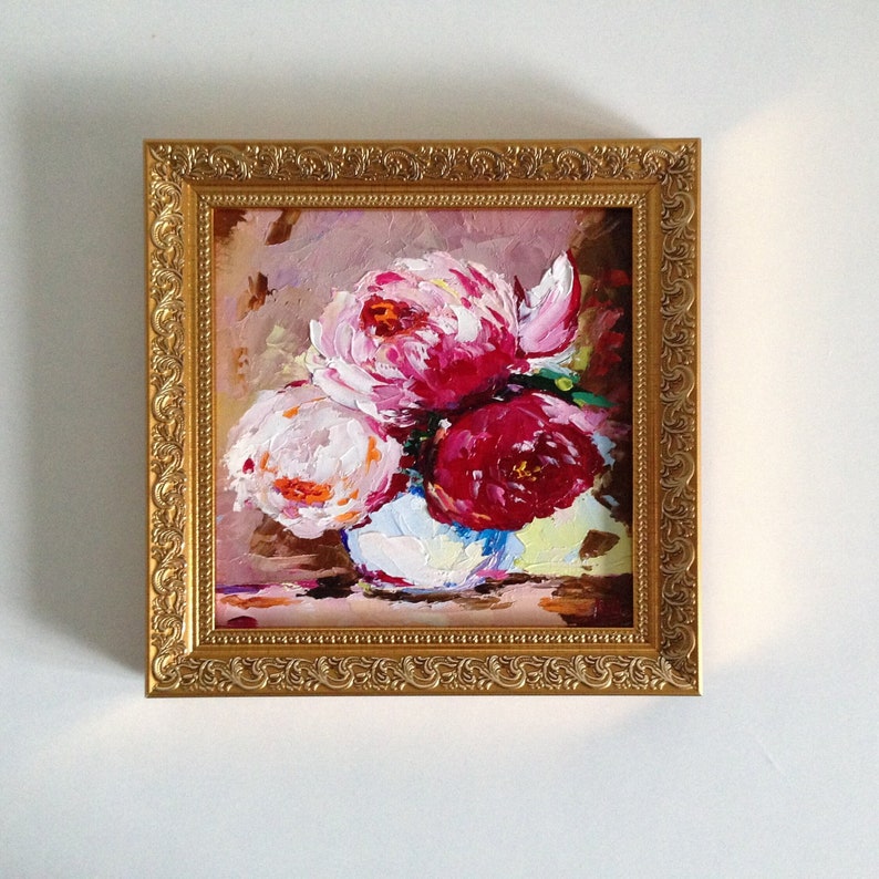 Peony Painting Ukraine Art Flower Painting Floral Shabby Chick Original Art Peonies Impasto Framed Original Painting gold frame wall decor gallery wall decor unique gift peony bouquet in vase Ukraine seller Ukrainian art wedding gift anniversary gift