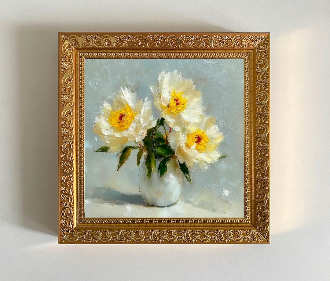 Peony Oil Painting White Flower Original Art Framed Floral Artwork - Etsy
