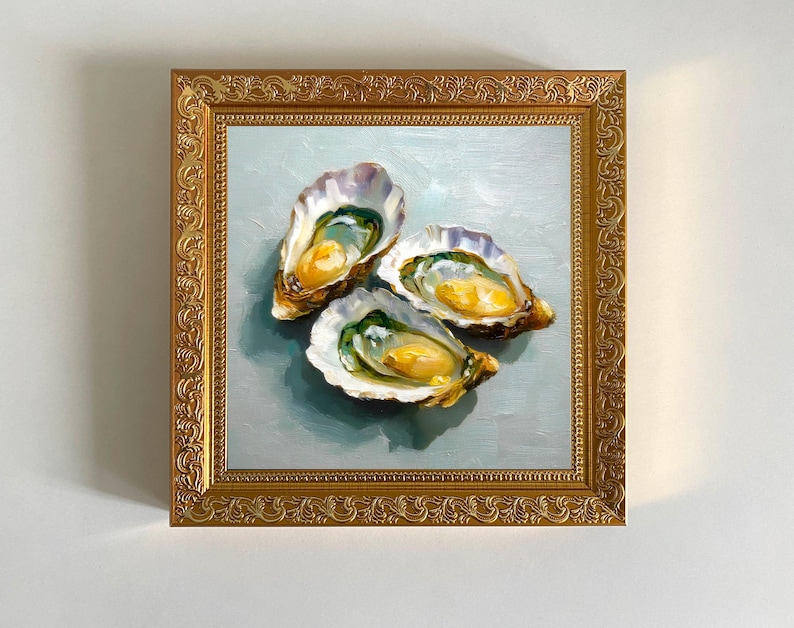 Oyster with Lemon Painting Wall Art Gold Frame Oyster Oil Painting Original Gift Artwork Food Original Art Kitchen Wall Art by ArtSpaceByAlla Oyster Painting Lemon Artwork Food Original Art Impasto Small Oil Painting For Gift Kitchen Wall Art Gallery wall decor unique gift gold frame impasto painting new Orleans oyster art