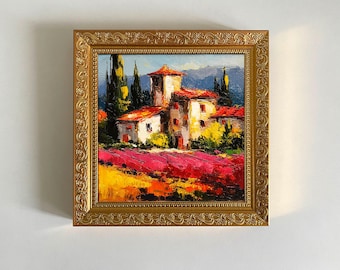 Italian Landscape Tuscany Oil Painting Cityscape Impasto Art Small Artwork Framed Wall Art