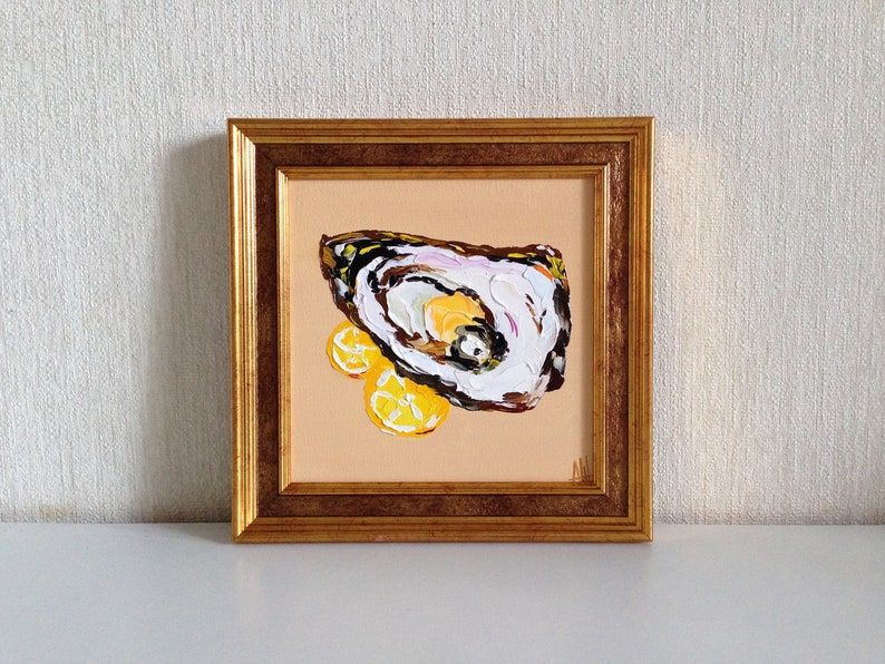 Oyster Painting Lemon Artwork Food Original Art Impasto Small Oil Painting For Gift Kitchen Wall Art image 7