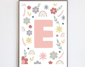 New Children’s Floral Wildflower Initial Print, Pastel Floral Rainbow Nursery Wall Art, Personalised Baby Initial Print