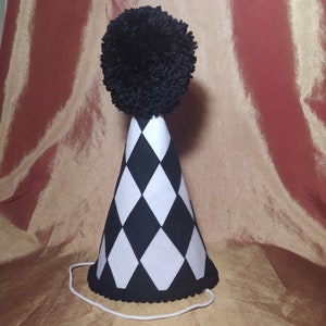 May include: A black and white checkered party hat with a black pom-pom on top.