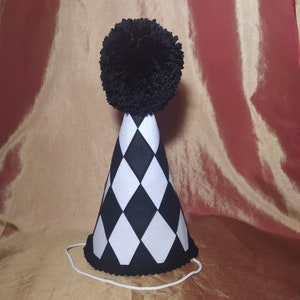 May include: A black and white checkered party hat with a black pom-pom on top.