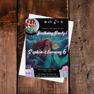 Carte d'invitation anniversaire petite sirène imprimable et personnalisée avec Canva (avec une carte animée en bonus) - PDF anglais et français