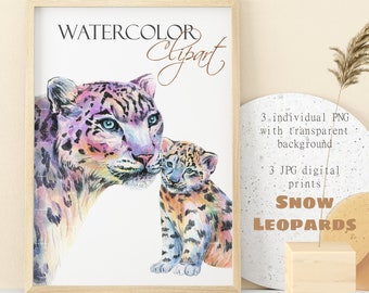 Watercolor Snow Leopard clipart Neon animal digital print