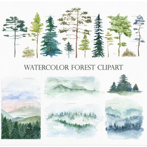 Watercolor forest clipart Trees clipart