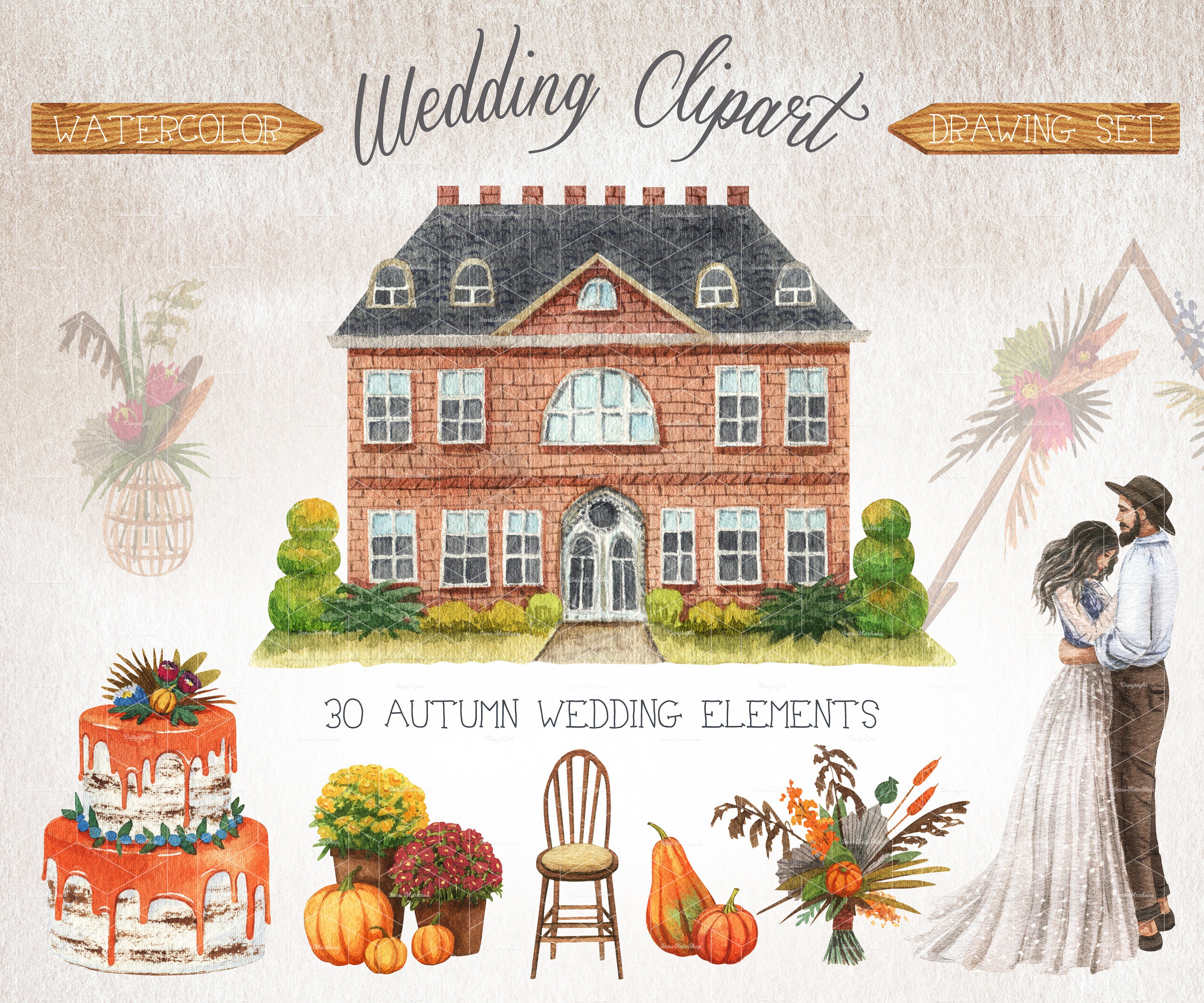 Rustic Wood Marriage Decor Commercial Use Wedding Watercolor Clipart Boho Flowers Wedding Arch PNG Dress Bridal Clip art Floral Cake