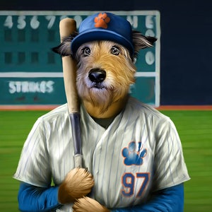 Portret zwierzaka baseballowego New York 1, zwierzę sportowe, prezent dla fana baseballu, spersonalizowany portret, drużyna baseballowa, zabawny prezent dla miłośnika zwierząt