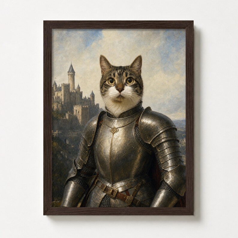 Op de afbeelding: Een ingelijste print met een kat in middeleeuws harnas, tegen een achtergrond van een kasteel en lucht. De kat, met een tabby vacht, is het centrale figuur. Het donkerbruine frame contrasteert met de metallic tinten van het harnas.