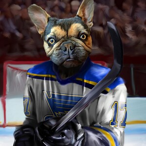 May include: A digital painting of a French Bulldog wearing a hockey jersey with the number 17. The jersey is white, blue, and yellow. The dog is holding a hockey stick and wearing black gloves. The artist's signature, "Van Woof", is in the bottom right corner.