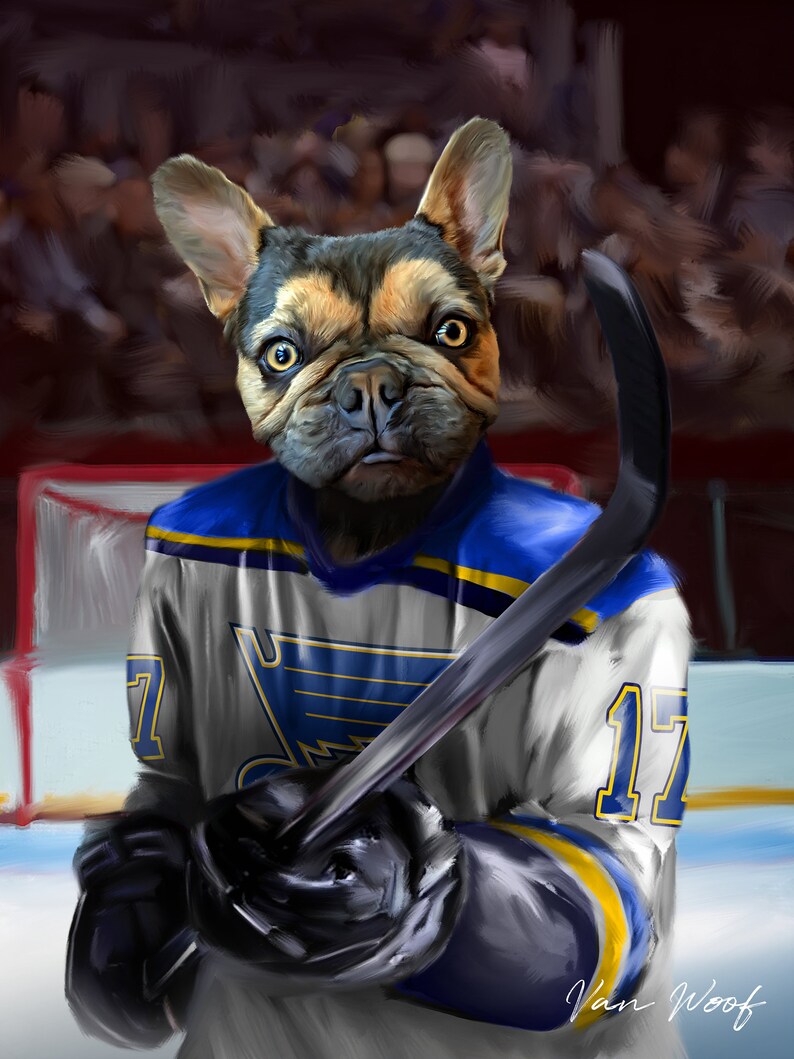 May include: A digital painting of a French Bulldog wearing a hockey jersey with the number 17. The jersey is white, blue, and yellow. The dog is holding a hockey stick and wearing black gloves. The artist's signature, "Van Woof", is in the bottom right corner.