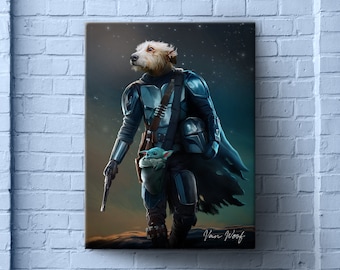 Mando with Grogu Pet Portrait, Funny Gift, Pet Painting, Custom Pet Portrait, Personalized Pet Portrait, Grogu, Star Wars, Mandalorian