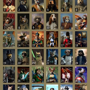 May include: A grid of 36 images showing different backgrounds for pet portraits. Each image features a dog or cat in a different costume or setting, such as a king, a pirate, a superhero, or a doctor. The images are numbered from 1 to 36.
