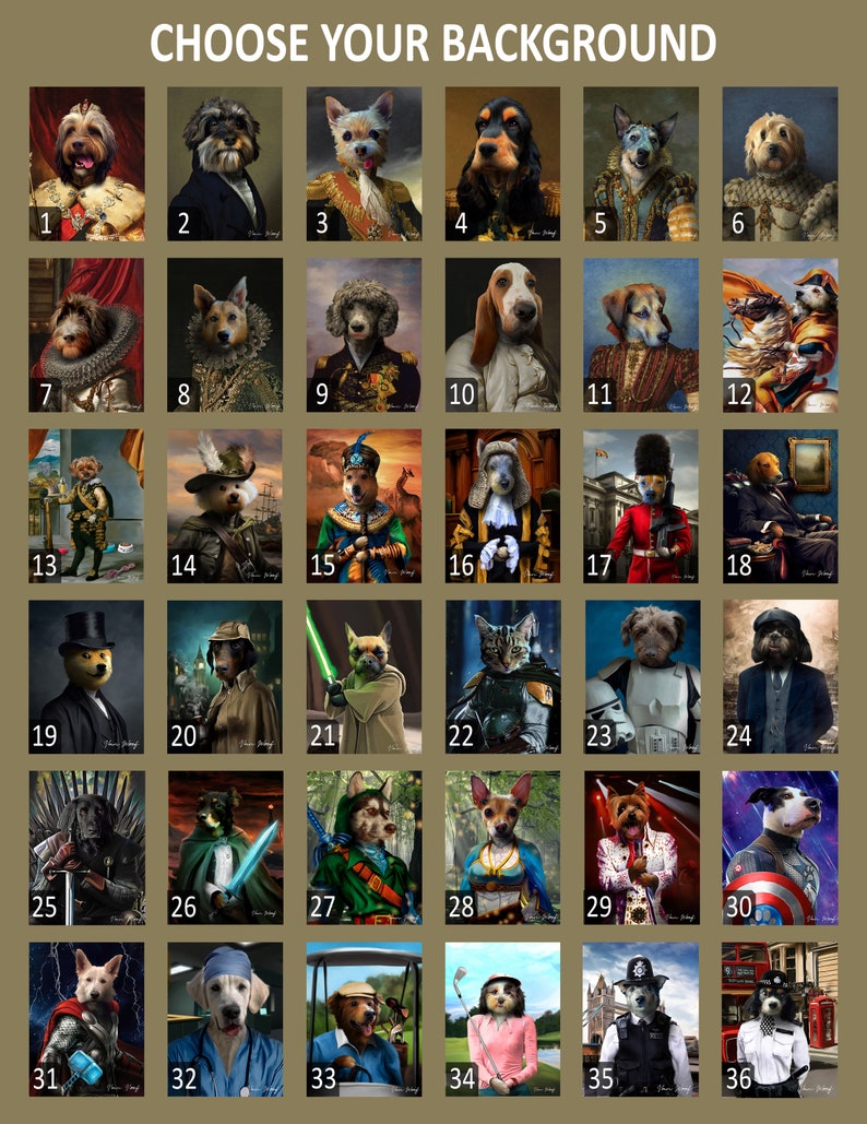 May include: A grid of 36 images showing different backgrounds for pet portraits. Each image features a dog or cat in a different costume or setting, such as a king, a pirate, a superhero, or a doctor. The images are numbered from 1 to 36.