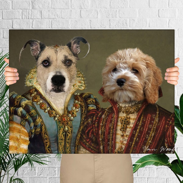 Custom Renaissance Duo Pet Portrait, Custom Duo Royal Dogs Canvas Portrait, Pet Couple Anniversary Birthday Gift Digital or Canvas Portrait