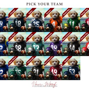Puede incluir: Un collage de im&aacute;genes con un perro que lleva diferentes camisetas de la NFL. Las camisetas son de varios colores, incluyendo azul, verde, rojo, negro y blanco. Cada camiseta tiene un nombre de equipo y un n&uacute;mero diferente. El perro lleva una camiseta diferente para cada equipo. La imagen se titula "Elige tu equipo".