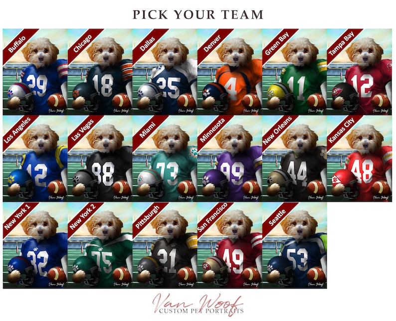 Puede incluir: Un collage de im&aacute;genes con un perro que lleva diferentes camisetas de la NFL. Las camisetas son de varios colores, incluyendo azul, verde, rojo, negro y blanco. Cada camiseta tiene un nombre de equipo y un n&uacute;mero diferente. El perro lleva una camiseta diferente para cada equipo. La imagen se titula "Elige tu equipo".