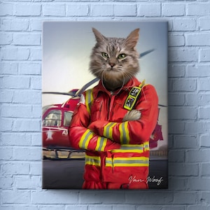 Air Ambulance Pilot, Funny Portrait, Occupation, Pet Painting Portrait, Custom Pet Portrait, Personalized Pet Portrait, Dog Art, Cat Art