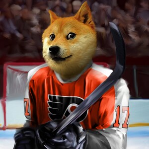 May include: A digital painting of a Shiba Inu dog wearing a Philadelphia Flyers hockey jersey with the number 17. The dog is holding a hockey stick and wearing black gloves. The background shows a hockey rink and spectators.