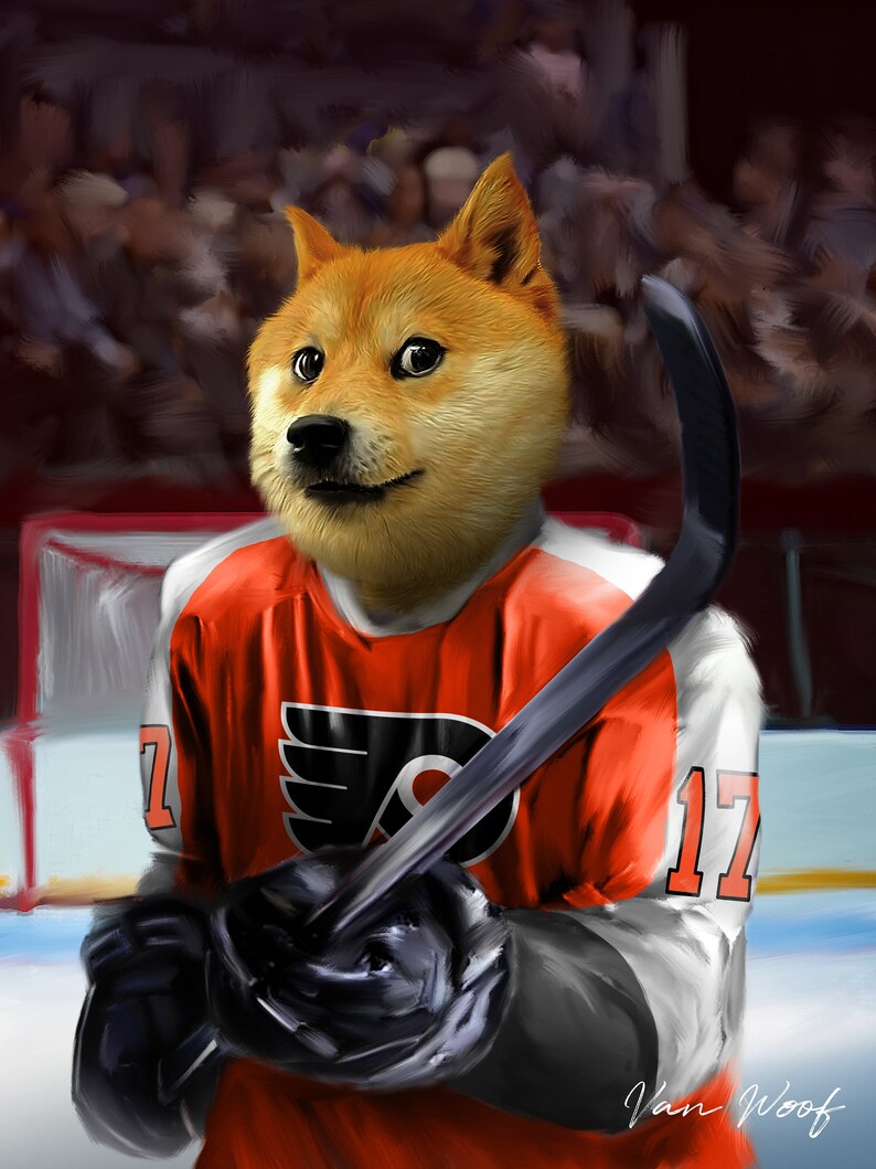 May include: A digital painting of a Shiba Inu dog wearing a Philadelphia Flyers hockey jersey with the number 17. The dog is holding a hockey stick and wearing black gloves. The background shows a hockey rink and spectators.
