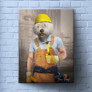 Construction Worker, Funny Portrait, Occupation, Pet Painting Portrait, Custom Pet Portrait, Personalized Pet Portrait, Dog Art, Cat Art