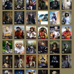 May include: A collage of 25 images showing different backgrounds for pet portraits. The backgrounds include a variety of themes, such as historical figures, pop culture icons, and everyday scenes. Each image features a different pet, such as a dog, cat, or rabbit, dressed up in a costume or outfit that matches the background.