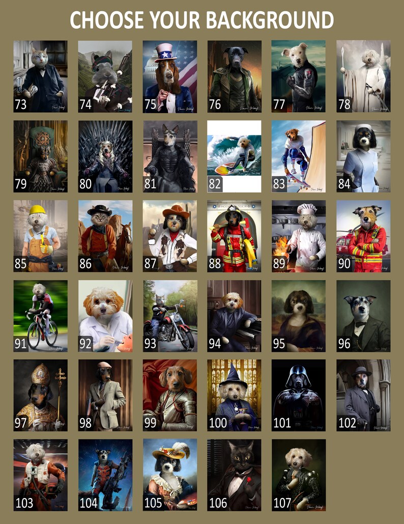 May include: A collage of 25 images showing different backgrounds for pet portraits. The backgrounds include a variety of themes, such as historical figures, pop culture icons, and everyday scenes. Each image features a different pet, such as a dog, cat, or rabbit, dressed up in a costume or outfit that matches the background.