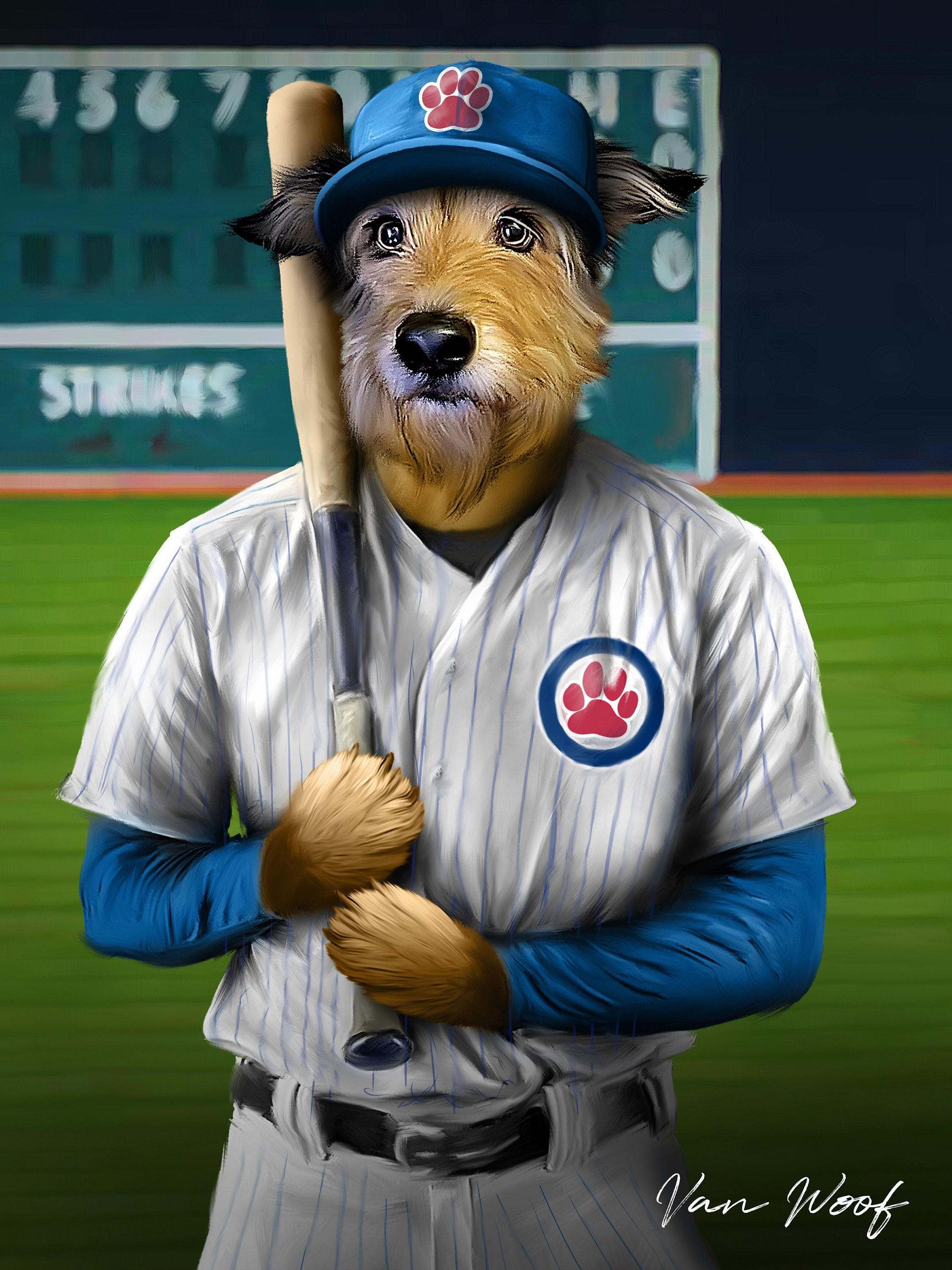 Chicago Baseball Pet Portrait, Sports Pet, Baseball Team, Baseball Fan Gift Art, Custom Portrait, Funny Pet Lover Gift