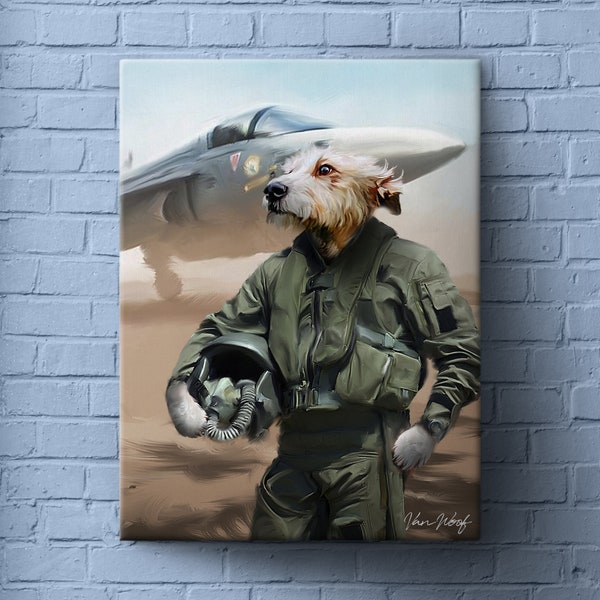 Piloto de combate masculino, retrato de perro, pintura de perro, retrato de mascota real, memorial de mascota, regalo de amante de perro, perro de dibujos animados, regalo divertido de amante de mascota