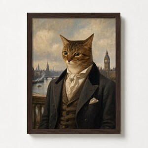 Op de afbeelding: Een ingelijste print met een kat in een formeel pak, met een stadsgezicht op de achtergrond, inclusief een rivier en gebouwen. De kat draagt een donker pak, vest en een witte cravat. De lijst is donkerbruin.